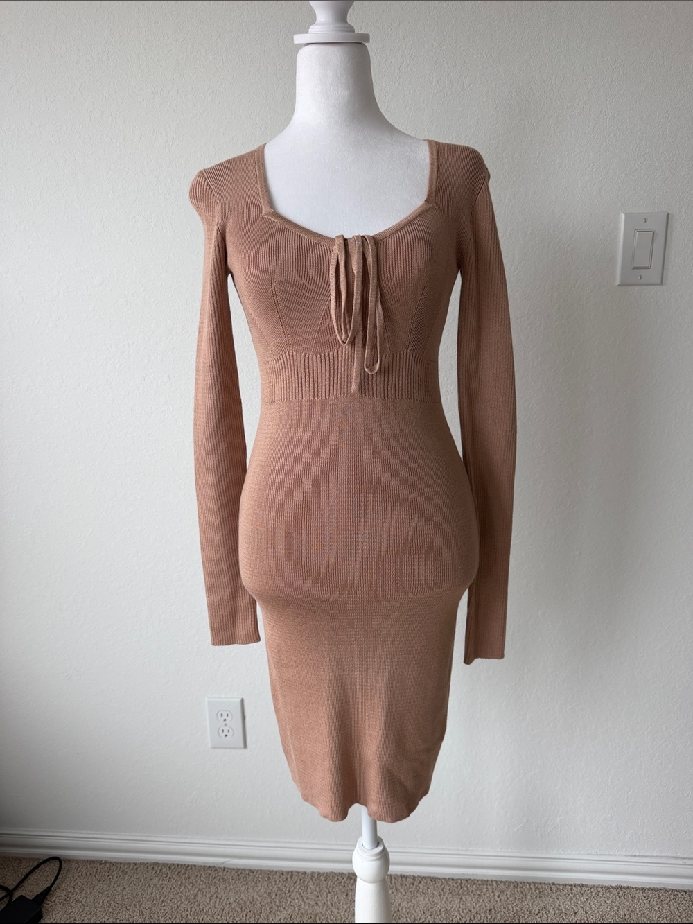 Long Sleeve Tie-Front Knit Bodycon Dress in Dusty Rose